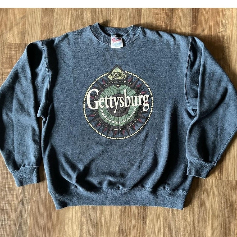 Gettysburg Sweatshirt Mens Medium Gray Hanes Fleece Pullover Civil War Graphic
